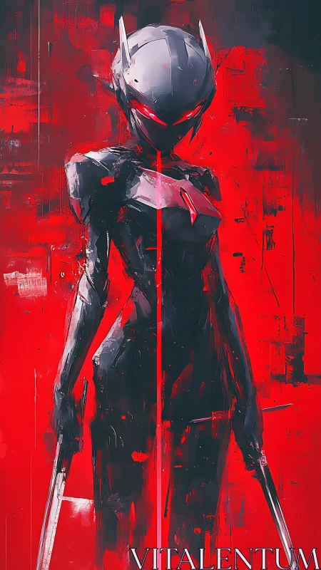 Armored cybernetic assassin framed by high contrast red field