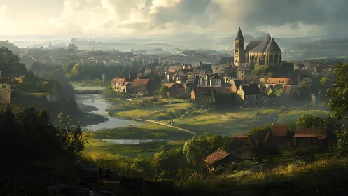 Medieval riverside town with church under dramatic sky.