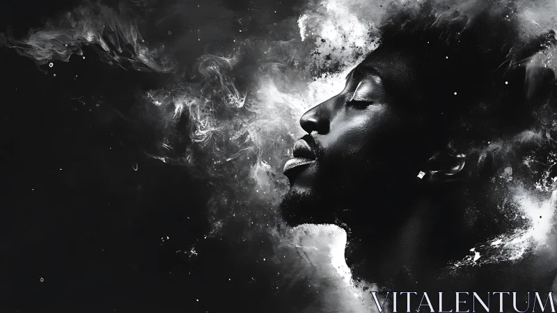 Midnight dreamer dissolving into cosmic ink clouds.