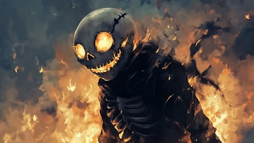 Flaming skeletal figure with cracked skull stands amid fire