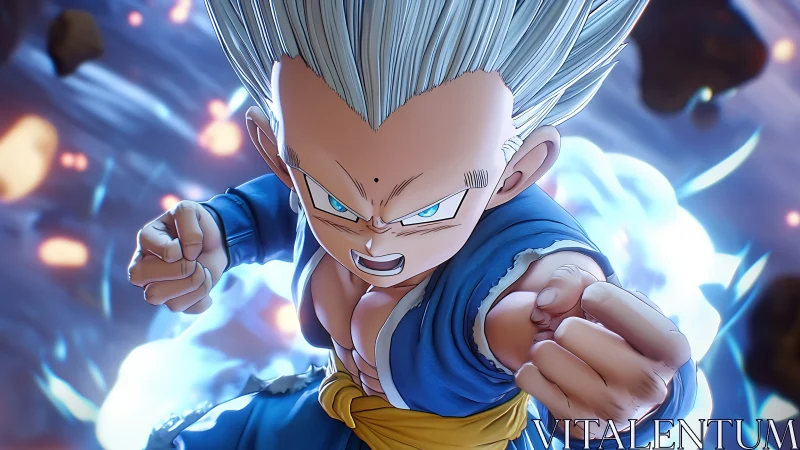 Saiyan warrior lunges forward with blazing blue energy aura.