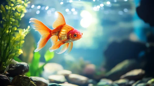 High-contrast goldfish in shallow-depth aquarium lighting study