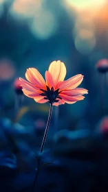 Pink Cosmos Flower Against Blurred Blue Background Setting