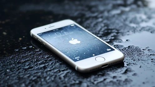 White iPhone on Wet Surface. Raindrops Glisten. Apple Logo Glows.