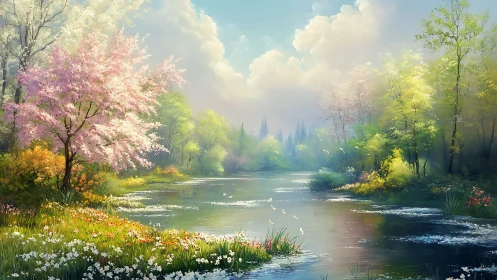 Vibrant spring river landscape with blossom trees and soft haze