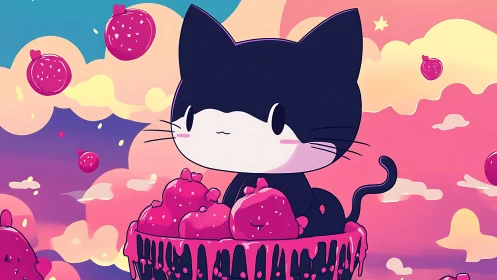 Kawaii black cat perches on strawberry sundae clouds.