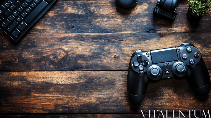 Gamepad on rustic wooden desk with sleek gaming gear.