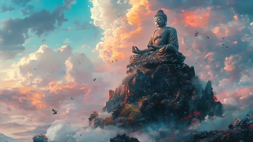 Colossal Buddha statue above clouds in vivid sunset sky.
