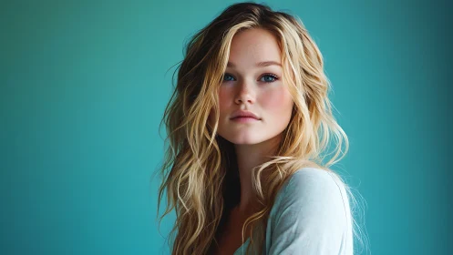 Soft key-lit portrait shows detailed skin texture and graded teal background