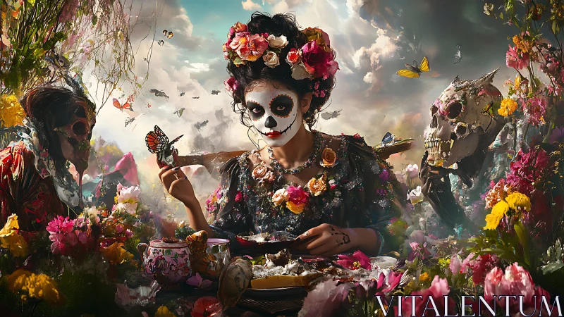 Calavera muse amid baroque floral altar and spectral figures.