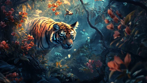 Tiger moves through dense foliage in stylized forest scene