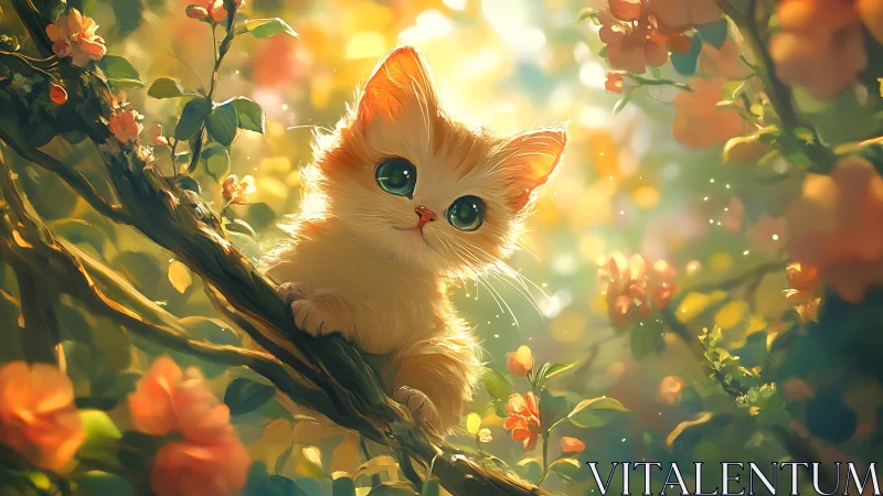 Luminous Kitten Perched Among Flowering Branches.