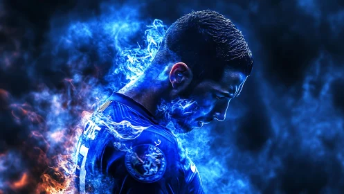 Blue neon football portrait with dynamic smoke energy effects