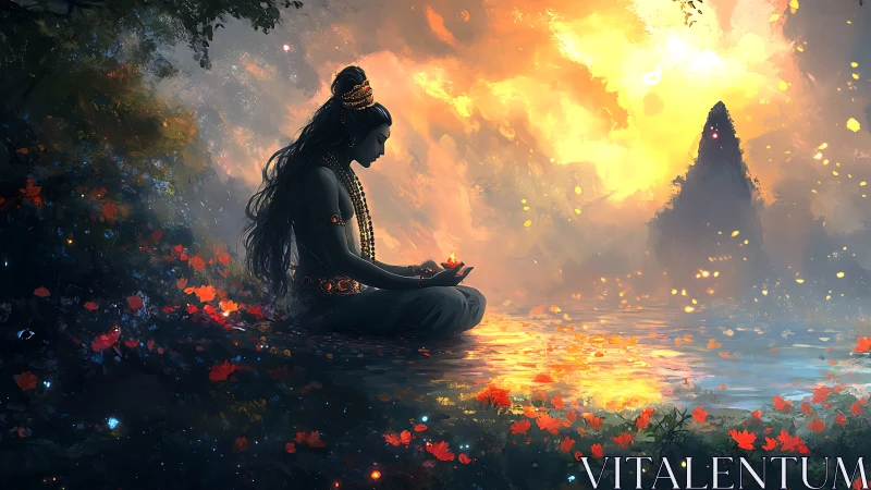 Silhouetted figure meditating beside reflective water at dusk.