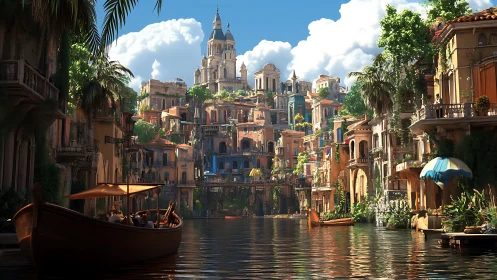Canal city with domed cathedral and layered terraces.