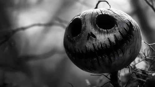 Carved pumpkin head with skull-like face in forest setting.