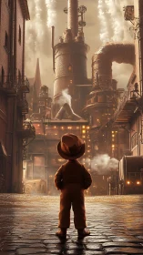 Cinematic steampunk child silhouette before towering factory gate.