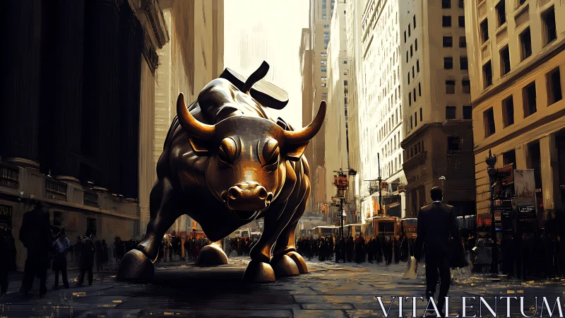 Monumental bronze bull dominates dense urban canyon streetscape