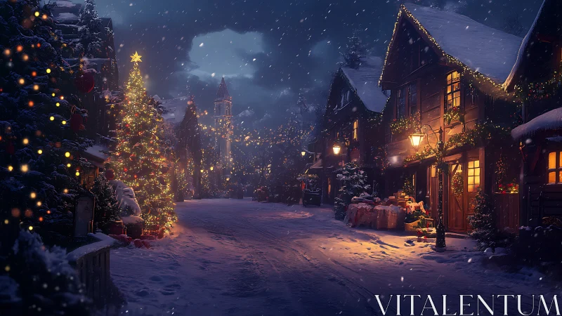 Snow-dusted village street hums softly with Christmas light