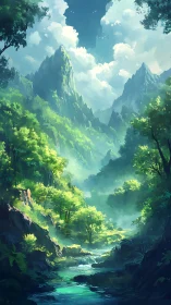 Mountain Valley Sanctuary. Dramatic peaks frame lush verdant landscape with flowing stream.