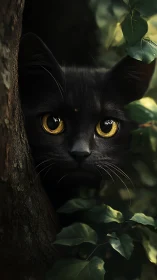 Black Felid Portrait with Golden Iridescent Ocular Features Among Foliage