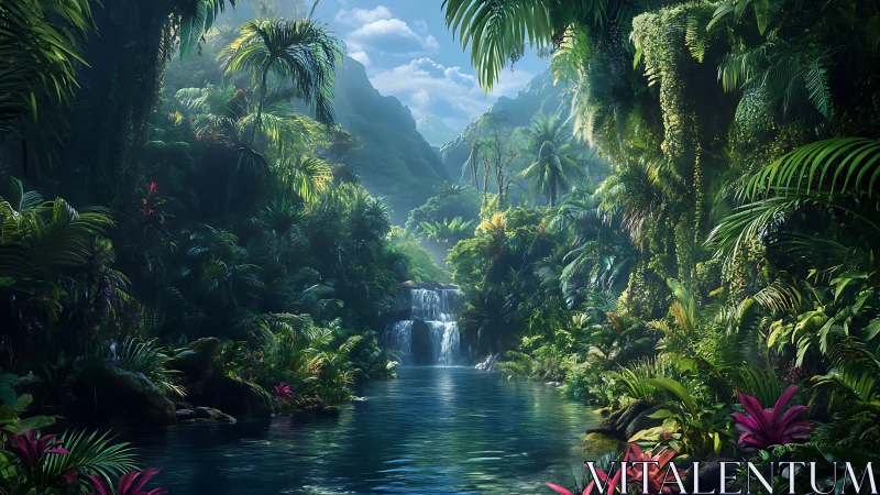 Emerald jungle lagoon cradles misty waterfalls and hidden light.