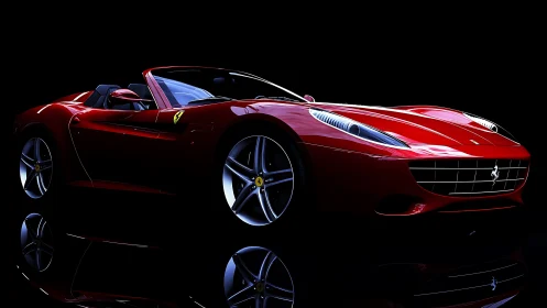 Ferrari-style red convertible glows against deep black backdrop.