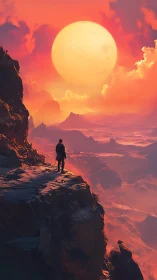 Lone explorer on cliffside under vast alien sun.