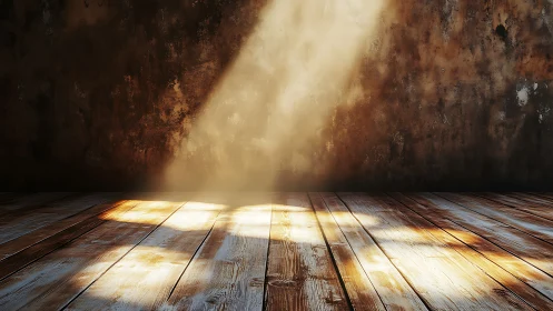 Sunlit wooden floor against weathered textured interior wall.