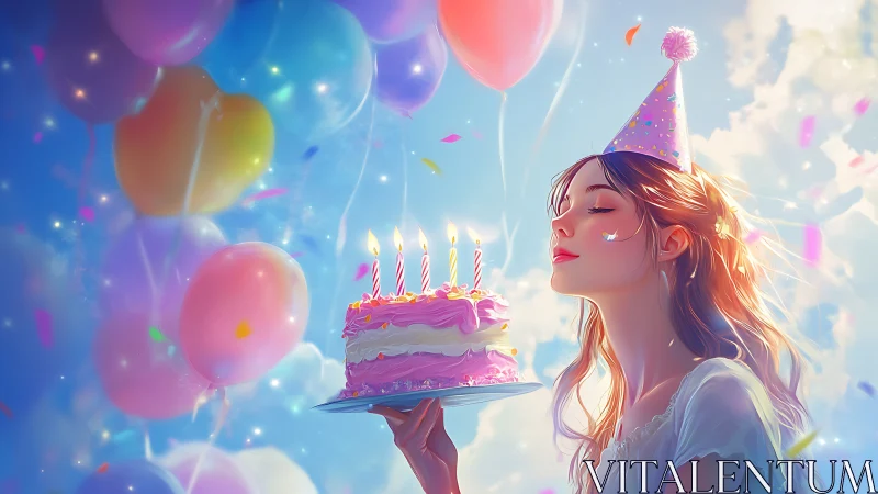 Animated Female Figure with Birthday Cake and Balloons.