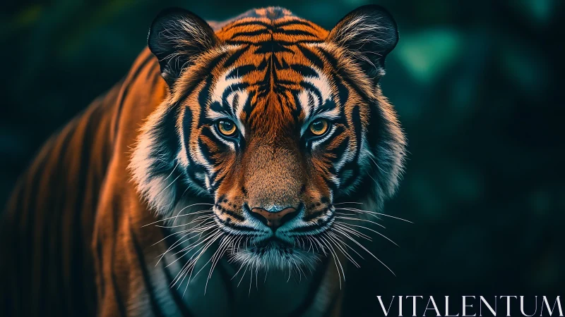 Tiger portrait shows intense gaze in deep jungle light.