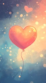 Heart-shaped balloon suspended against gradient atmospheric backdrop.