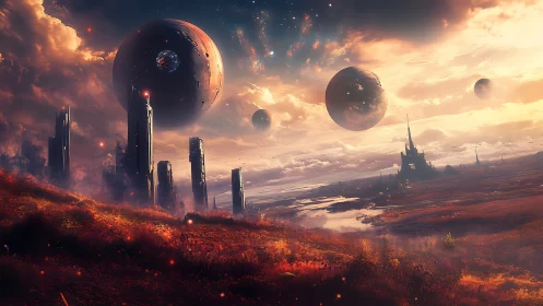 Colossal floating spheres dominate a burning alien horizon.