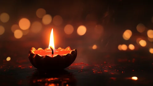 Diya flame glows against soft bokeh in low key ambience.