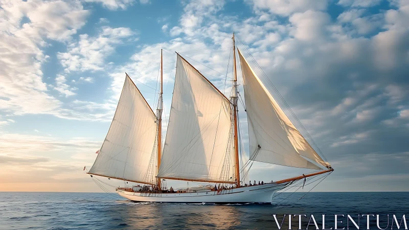 Tall schooner slices evening seas under billowed cream sails