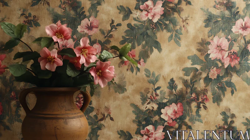 Clay-brown vase quietly echoes the wallpaper&rsquo;s blooming chorus