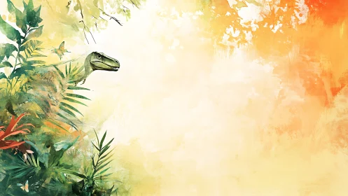 Curious jungle dinosaur peeking from bright sunset foliage.