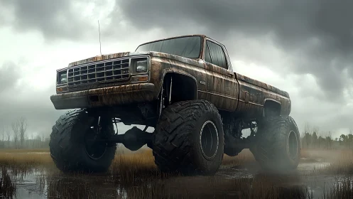 Lifted muddy pickup truck in flat overcast wetland setting.