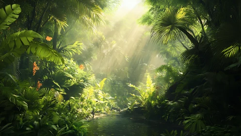 Tropical Rainforest Sanctuary Illuminated by Golden Sunlight