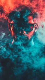 Neon smoke devours a shadowed face in split electric light