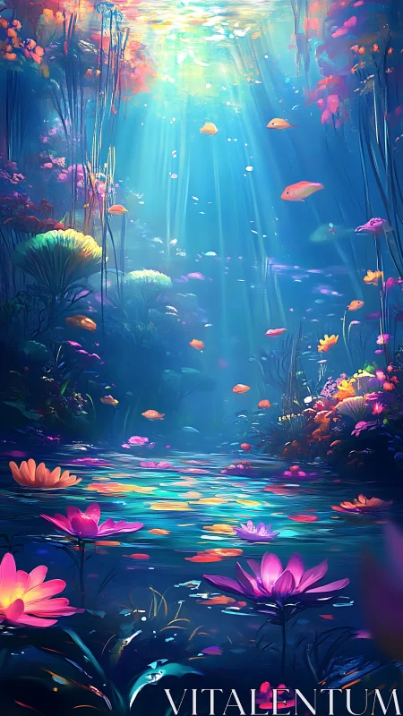 Dreamlike bioluminescent lagoon rendered in saturated digital color