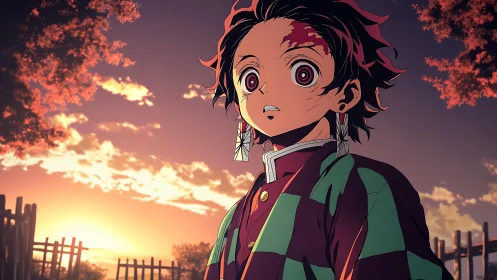 Young anime warrior gazes at a blazing, hopeful sunset sky