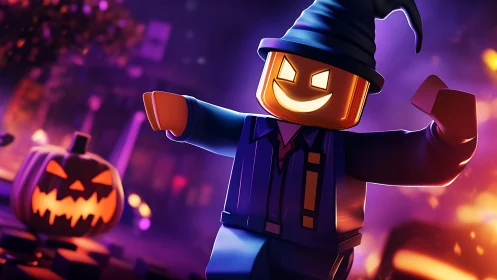Lego pumpkin-headed wizard strides through neon Halloween street