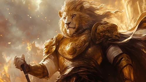 Lion paladin in golden armor amid blazing war-torn city.