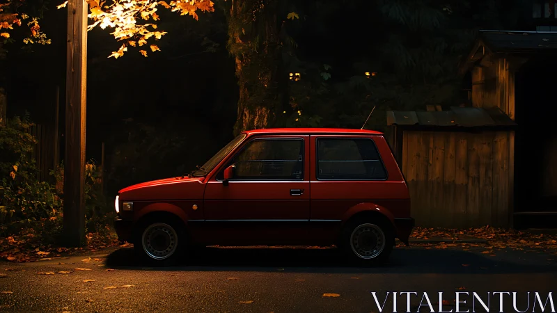 Red compact hatchback under warm streetlight at night.