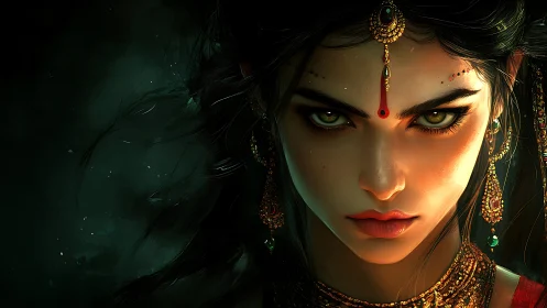 Storm-lit warrior queen with jewel-lit gaze and shadows.