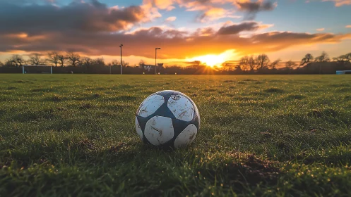 Sunset soccer ball resting on a quiet, dewy field.