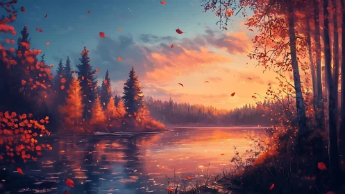 Golden autumn lake glows warmly beneath a painted sunset