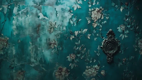 Distressed teal floral wall with ornate metallic medallion accent