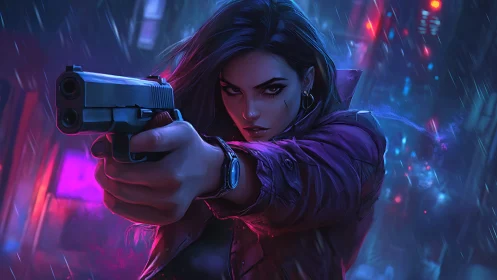 Cyber-noir heroine aims handgun under neon rain